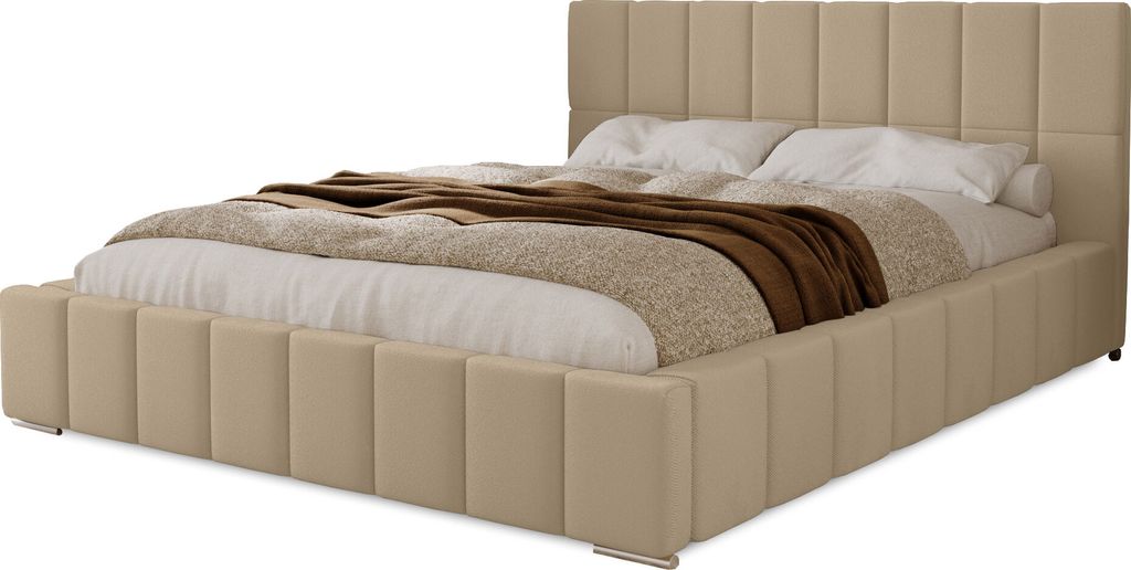 Polsterbett Alma 180x200 cm, Bett mit Kopfteil, Doppelbett mit Bettkasten, Lattenrost und Matratze aus Holz, Velourstoff: Creme