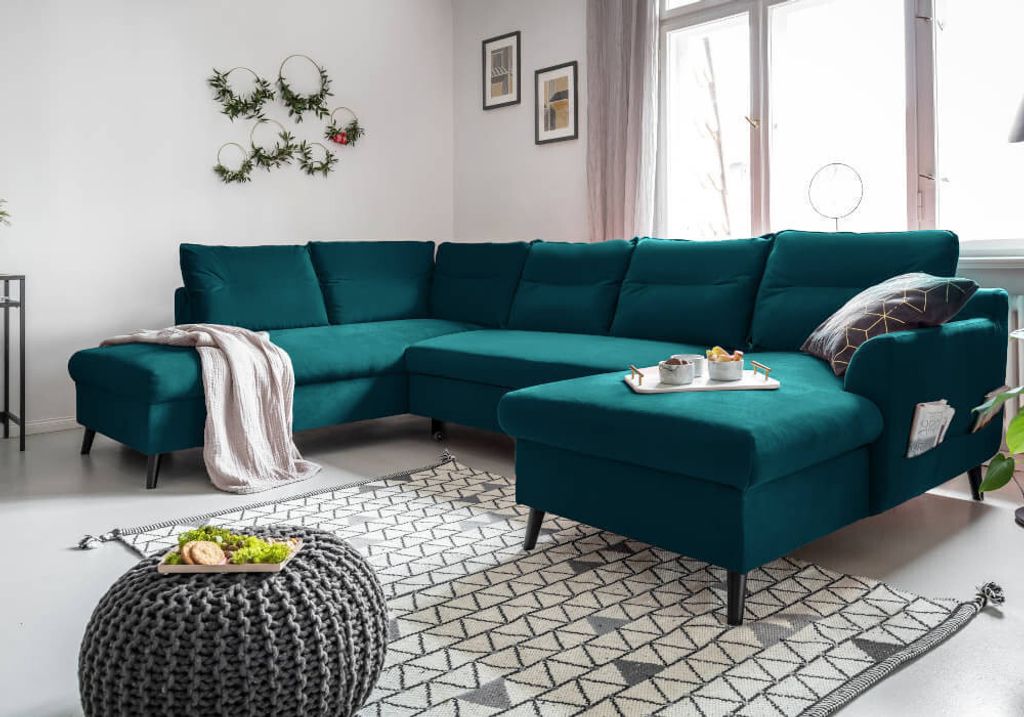MIUFORM Stylish Stan - Ecksofa mit Bettfunktion und Bettkasten U-FORM LINKS - 300x198cm - Velours Türkis - Sofa Schlafsofa Couch