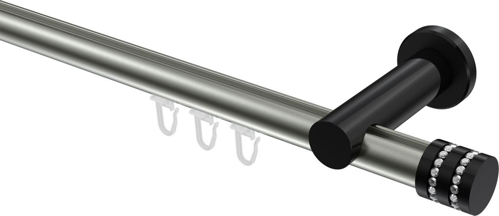 Interdeco Innenlaufstange / Gardinenstange mit Innenlauf Edelstahl-Optik / Schwarz, Typ Platon Estana (Glitzerkappe), 20 mm Ø 1-läufig, 540 cm