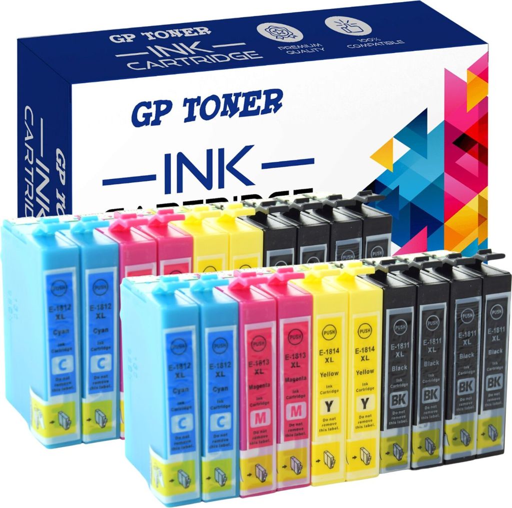 A box of ink cartridges with multiple cartridges laid out in front of it.
