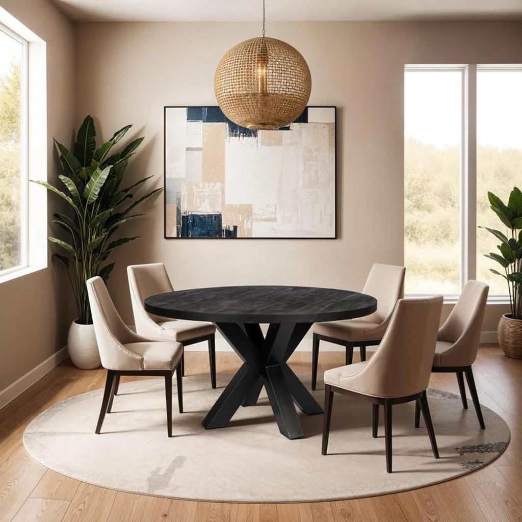 Zita Home Esstisch, rund, 180 cm, Mangoholz, Schwarz, dickes Gestell, skandinavisch, modernes Design