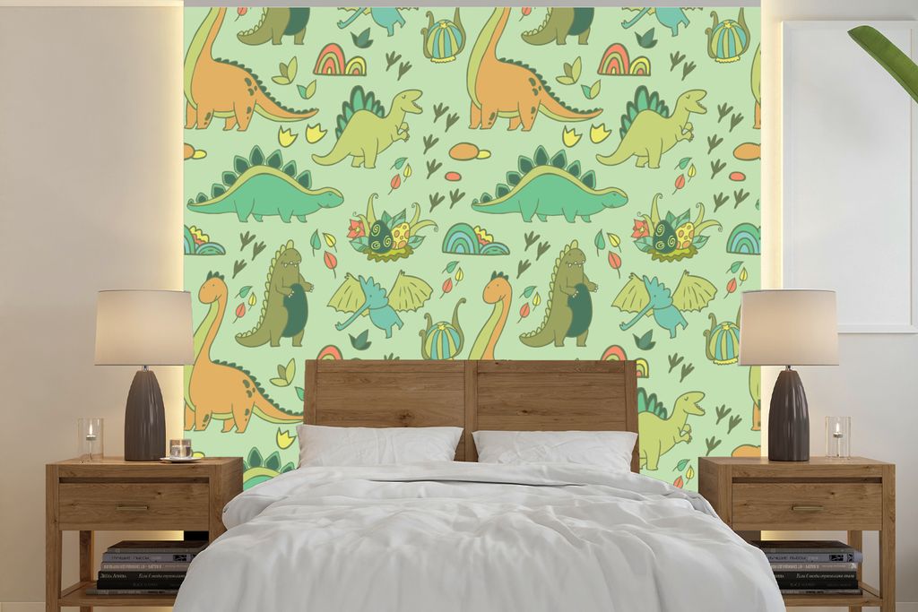 MuchoWow Fototapete für Wohnzimmer oder Schlafzimmer Wandtapete Vinyl Motivtapete Muster - Dino - Grün - Kleiner Junge - Kind - Kinder - 350x35...