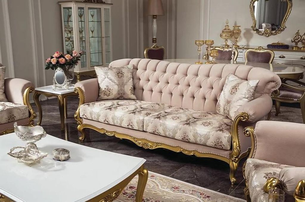 Casa Padrino Luxus Barock Wohnzimmer Sofa Rosa / Gold 220 x 82 x H. 95 cm - Massivholz Sofa mit elegantem Muster und dekorativen Kissen - Wohnzimme...