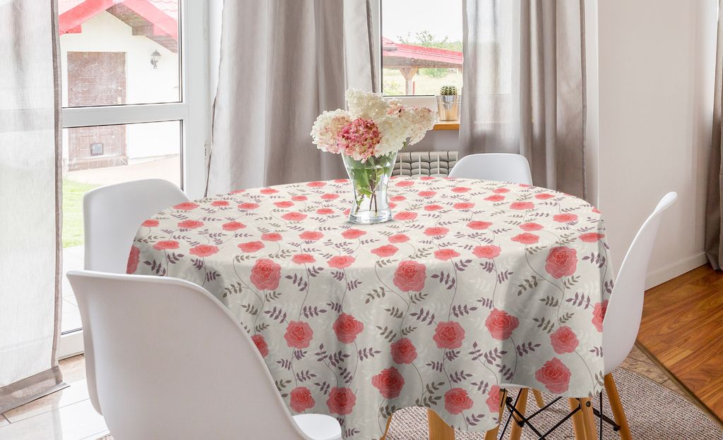 ABAKUHAUS Rose Runde Tischdecke, Blühende Blumen Dünne Peduncle, Kreis Tischdecke Abdeckung für Esszimmer Küche Dekoration, 150 cm, Eischale Coral