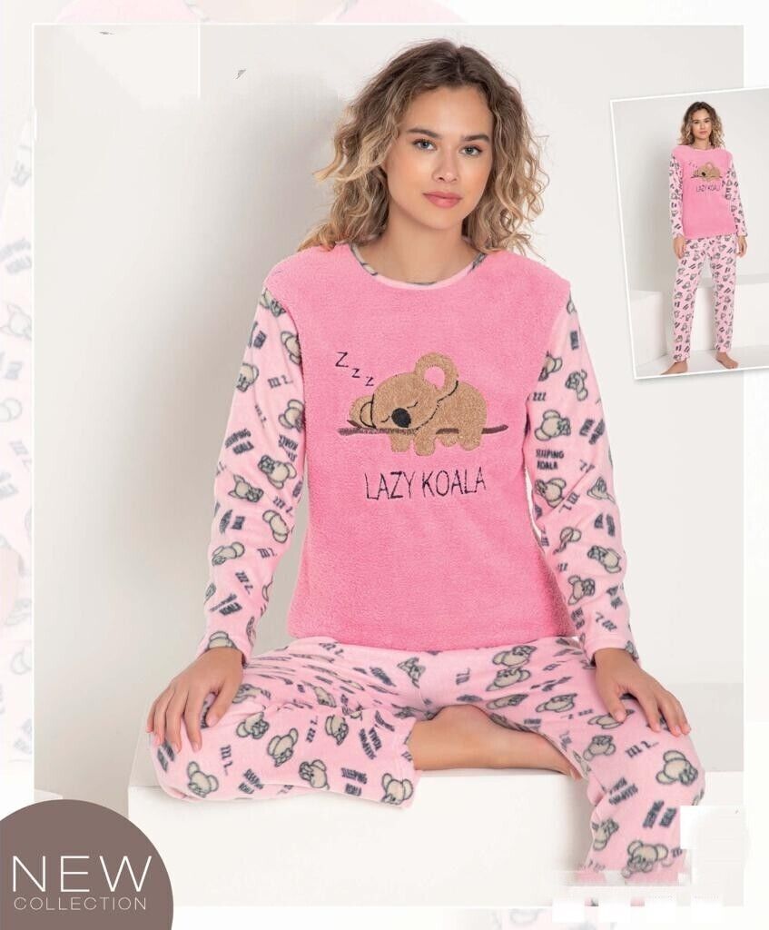 Damen Pyjama POLAR Schlafanzug Rosa L 2-Teiler Set Lang Warm Winter S-03