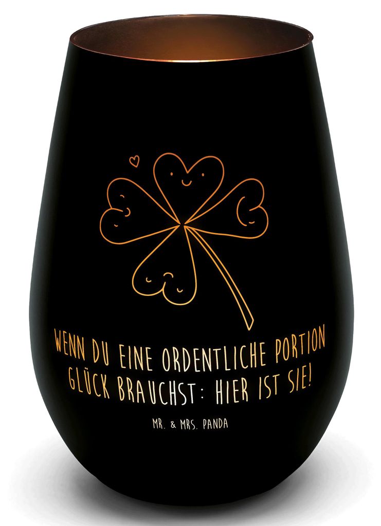 Mr. & Mrs. Panda Kerzenhalter Blume Kleeblatt - Schwarz - Geschenk, Teelichthalter Gold, Windlicht, Glück, Neuanfang, Umzug, Neuer Job, Glas, Late...