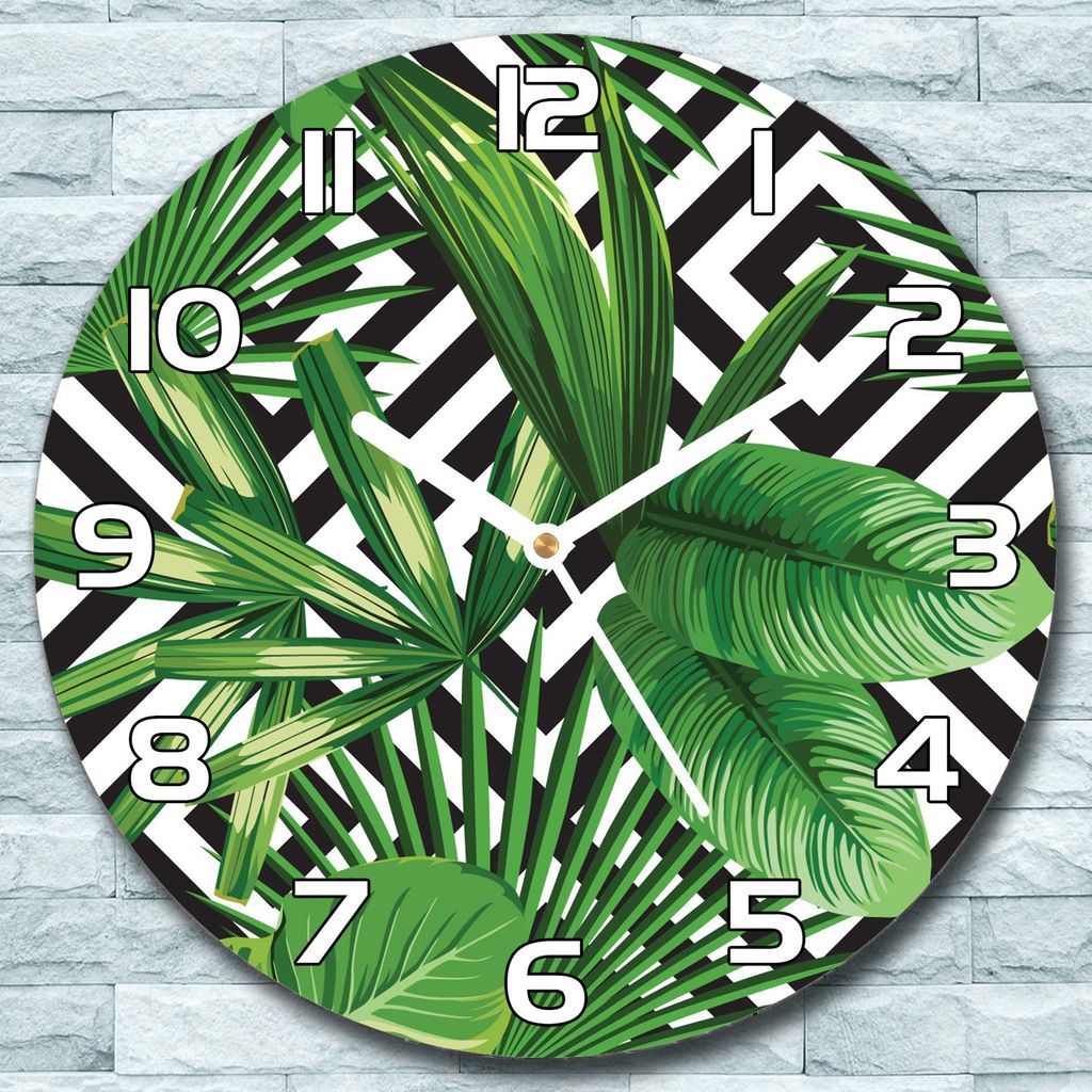 Wanduhr aus Glas Rund fi 30 Tropische Blätter Quarz Deko Produktbild 