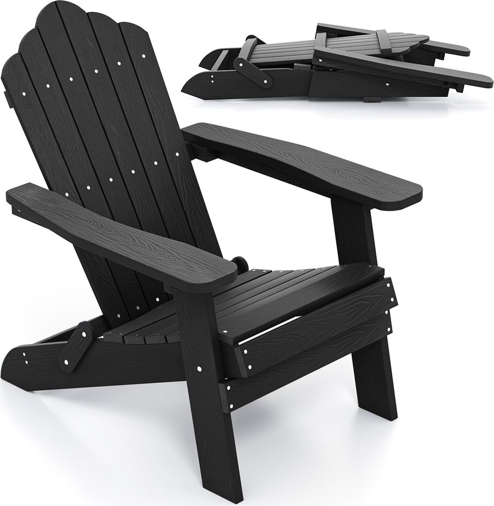 A black Adirondack chair is shown in the foreground, with a folded version of the same chair in the background.