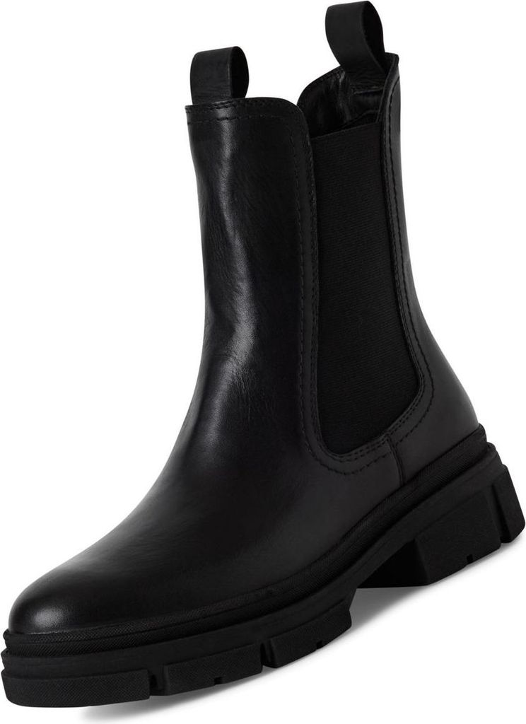 A black Chelsea boot with a thick sole is shown against a white background.