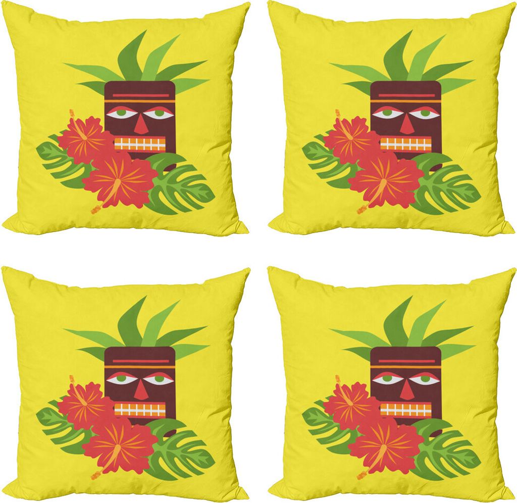 ABAKUHAUS Luau Kissenbezug Set (4 Stück), Tiki und Exotic Hibiscus, Moderner Doppelseitiger Digitaldruck, 40 cm x 40 cm, Gelb und Multicolor