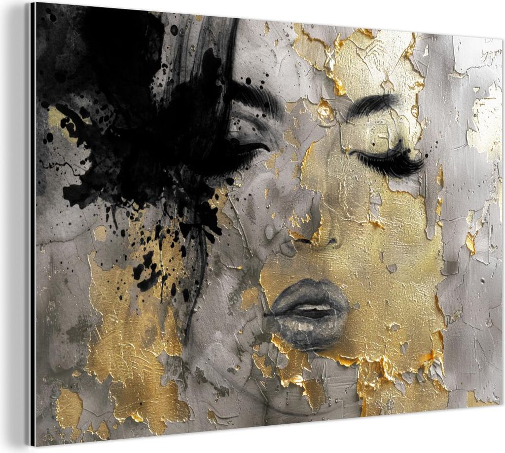 MuchoWow Wanddekoration Metall Metallbild Wandkunst 90x60 cm Frau - Kunst - Gold - Schwarz MuchoWow Aluminium Gemälde - Wandbilder