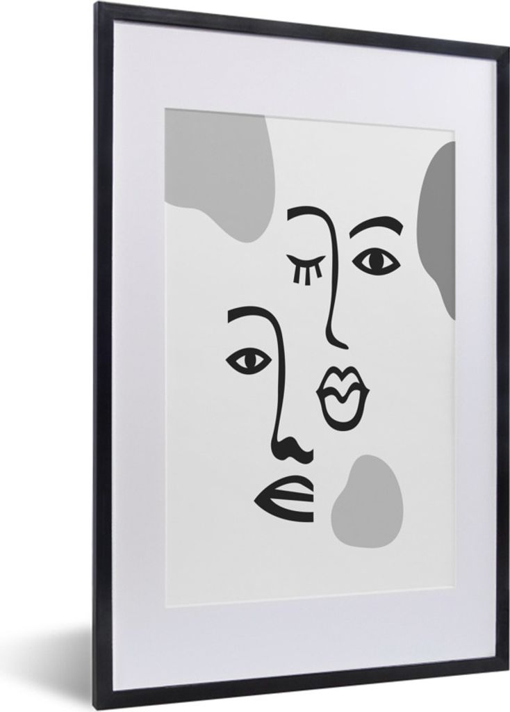 MuchoWow Gerahmtes Poster Gesicht - Schwarz - Weiß 40x60 cm - Poster mit Schwarzem Bilderrahmen Wandposter Rahmen Foto Bilder - Poster in Rahmen