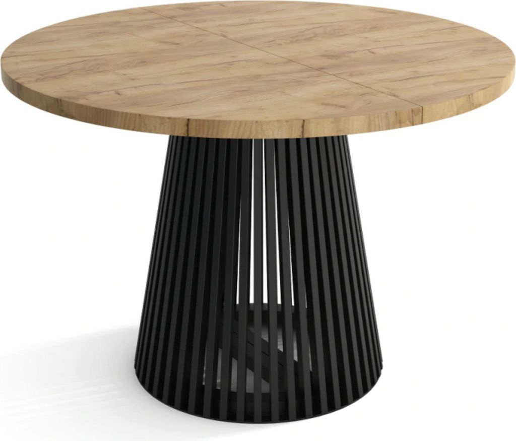 A round dining table with a wooden top and a black, slatted base, shown against a white background.