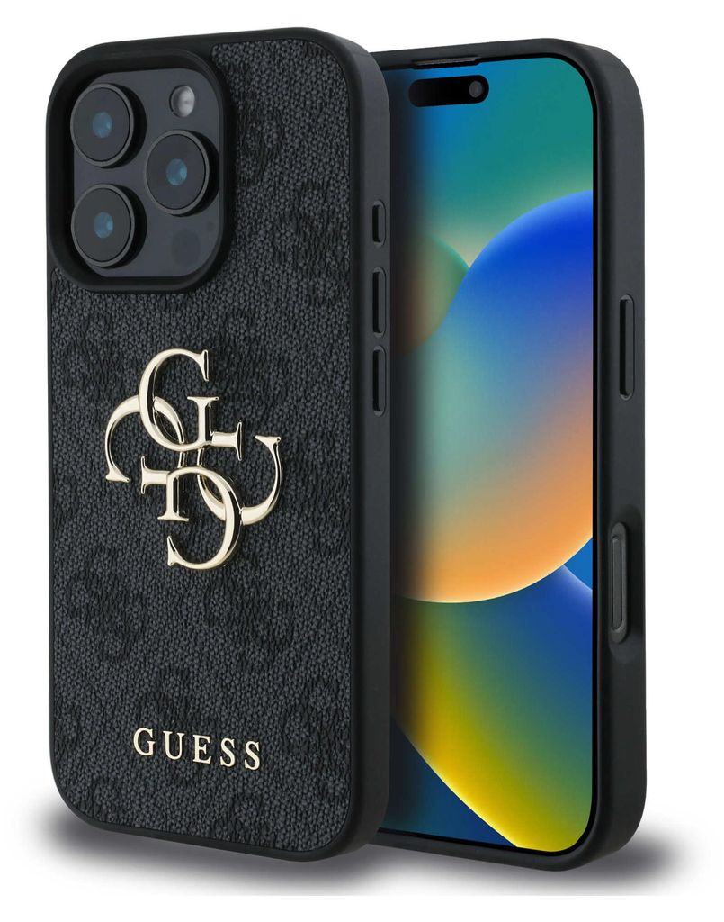A black Guess branded iPhone case with a large gold logo is shown on a white background.