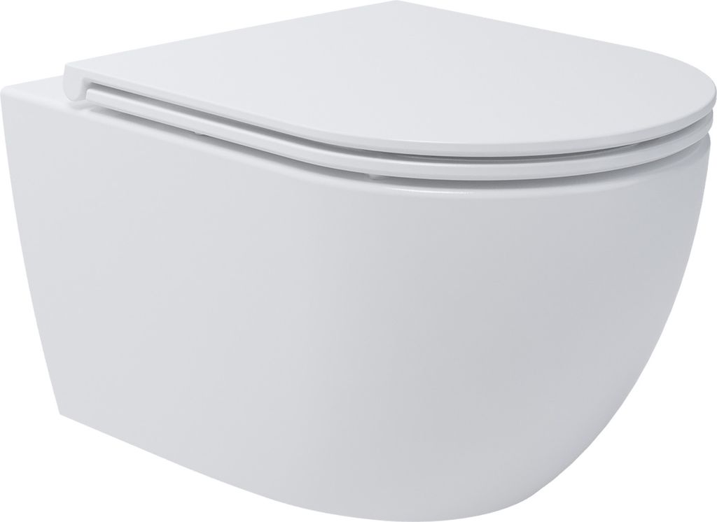 A white wall-mounted toilet with the lid closed, shown from a slightly elevated front-side angle against a white background.