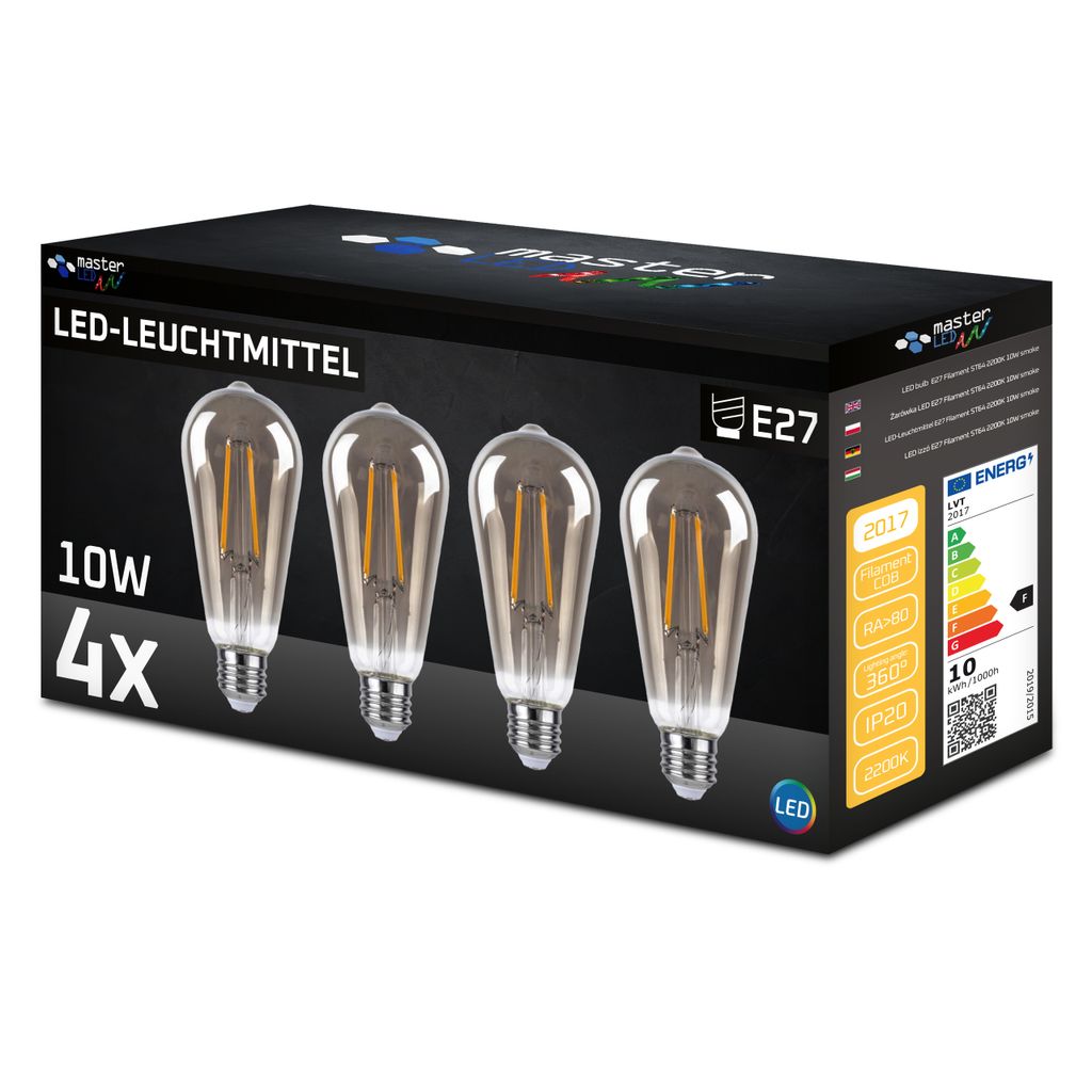 A product box for LED light bulbs, showing four bulbs and product information.