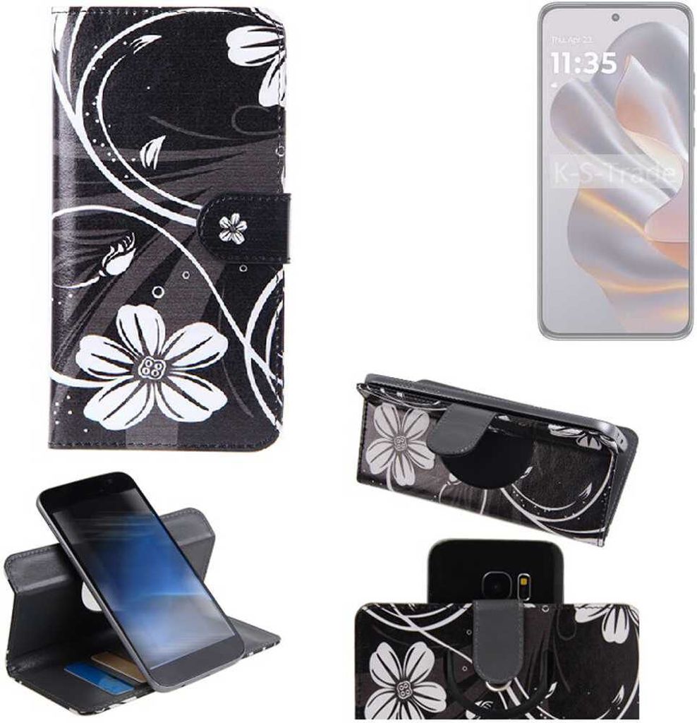 K-S-Trade Schutzhülle Handyhülle kompatibel mit Motorola Edge 50 Neo Hülle 360° Wallet Case “Flowers“ Klapphülle Hülle schwarz-weiß 1x