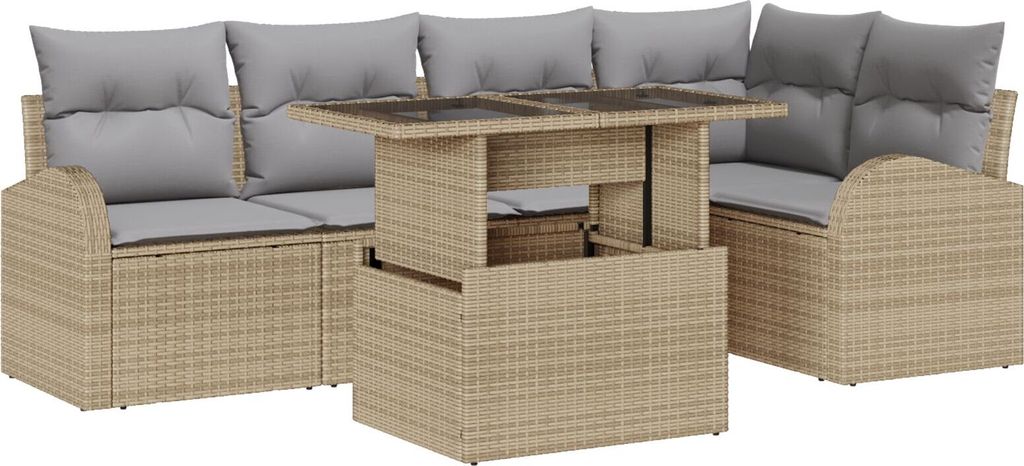 Langlebige 6-teiliges Garten-Sofaset mit Kissen Beige Poly Rattan, 2-Sitzer Garten-Sofa mit Stauraum & Kissen Beige Poly Rattan - Gartensofas Möbe...
