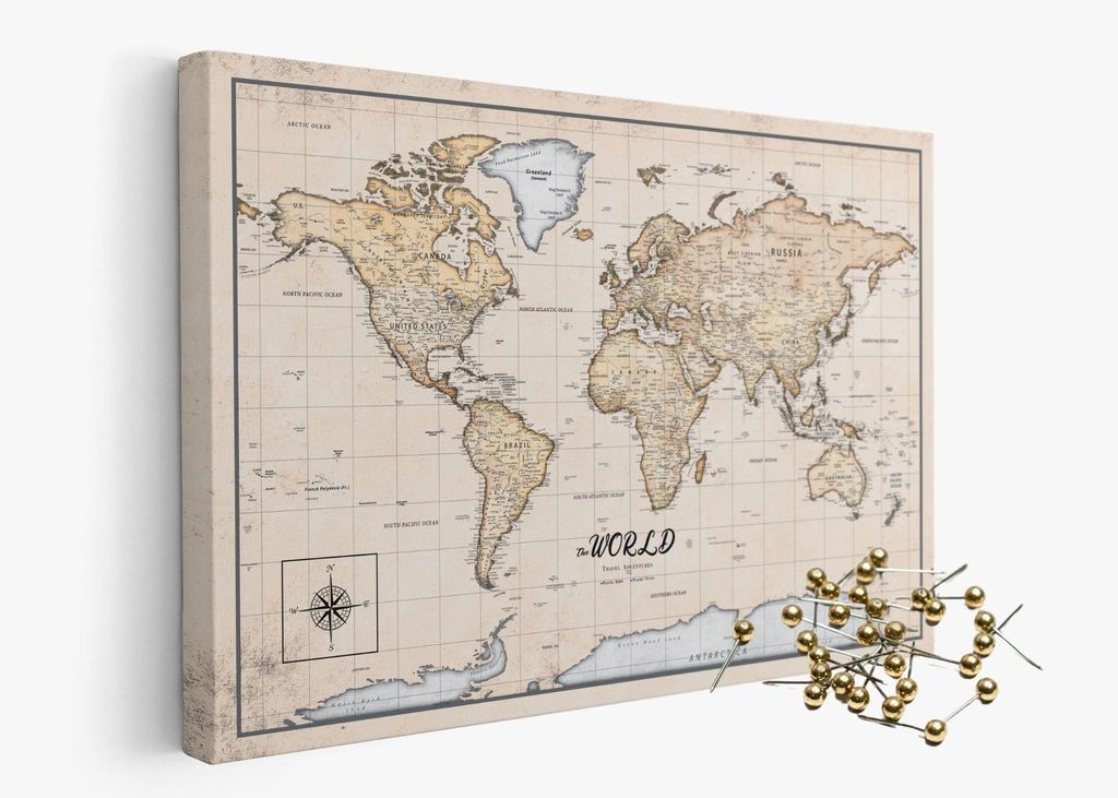 framed concept Weltkarte mit Pinnnadeln Handgefertigte Wanddekoration mit 50 goldenen Pins Einzigartige Geschenkidee
