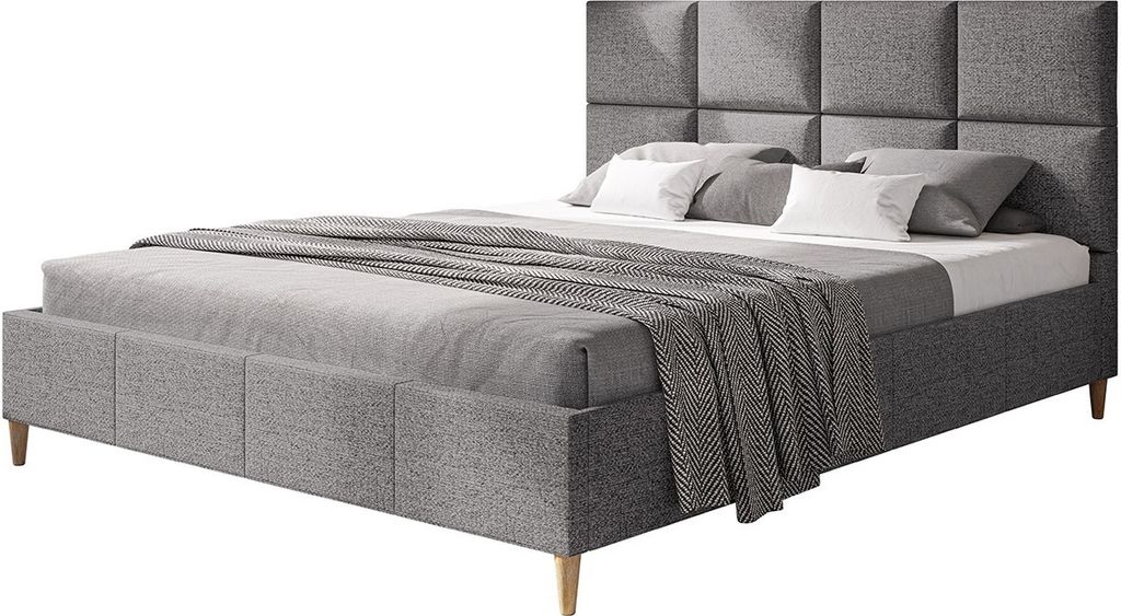 Polsterbett LUX ROMA mit Kopfteil, 140 x 200 cm, Doppelbett mit Lattenrost aus Holz, Strukturstoff Grau, Füße in Farbe: Braun