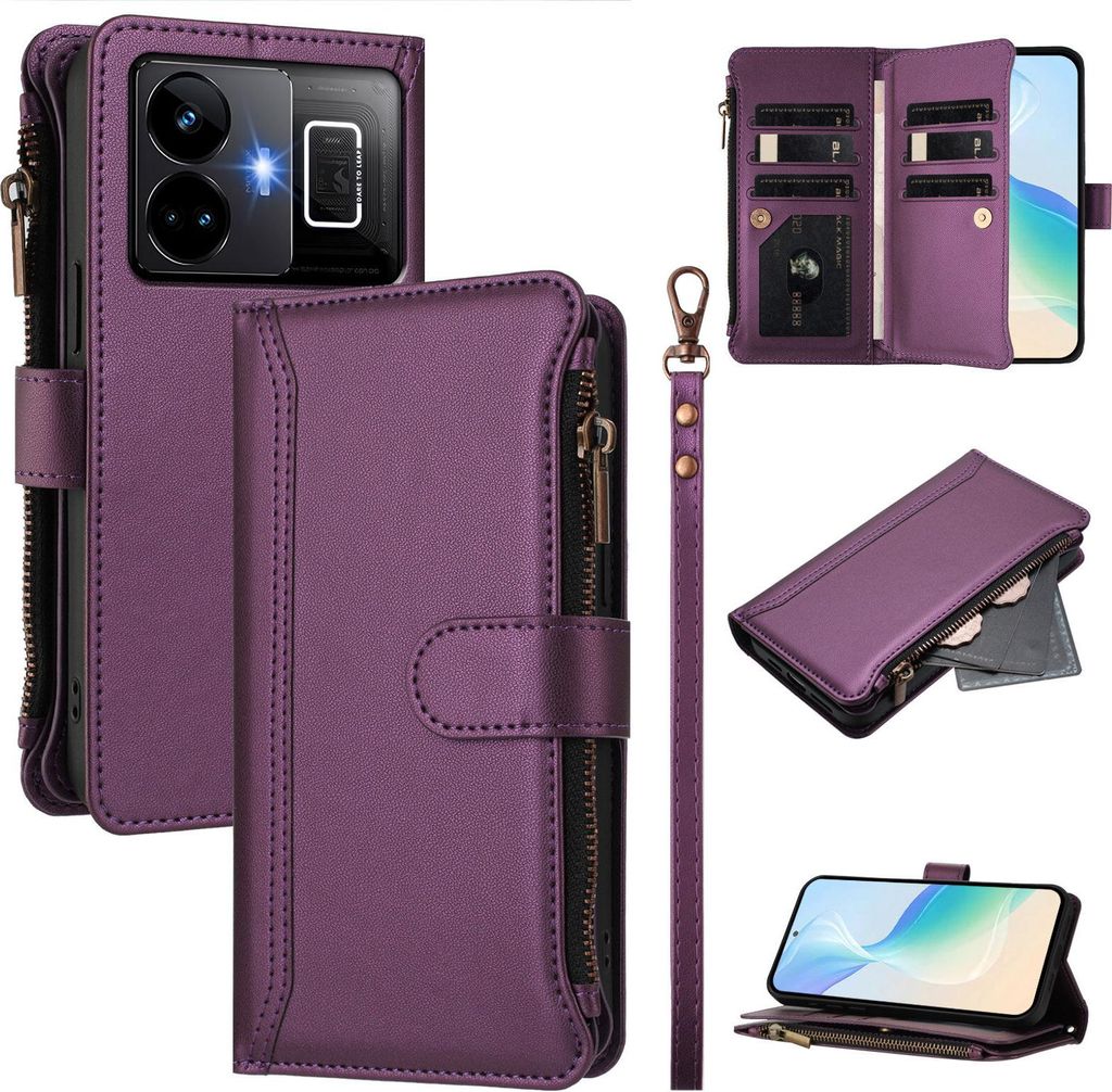 Handyhülle für Realme GT3/GT Neo 5 Reißverschluss Geldbörse Kunstleder Klapphülle mit Kartensteckplatz, Ständer, Handschlaufe Lila