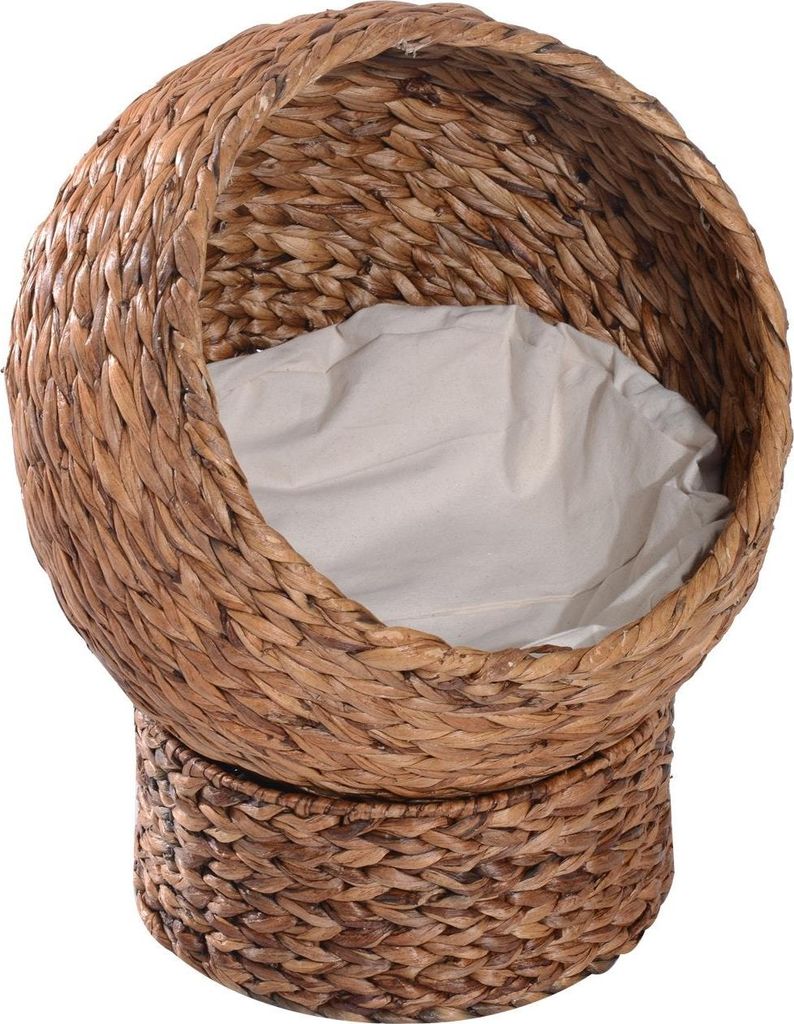Rattan Katzenkorb Bequemes Katzenbett Mit Kissen, Haustierbett Aus Wasserhyazinthe, Hellbraun, 42X33X52Cm