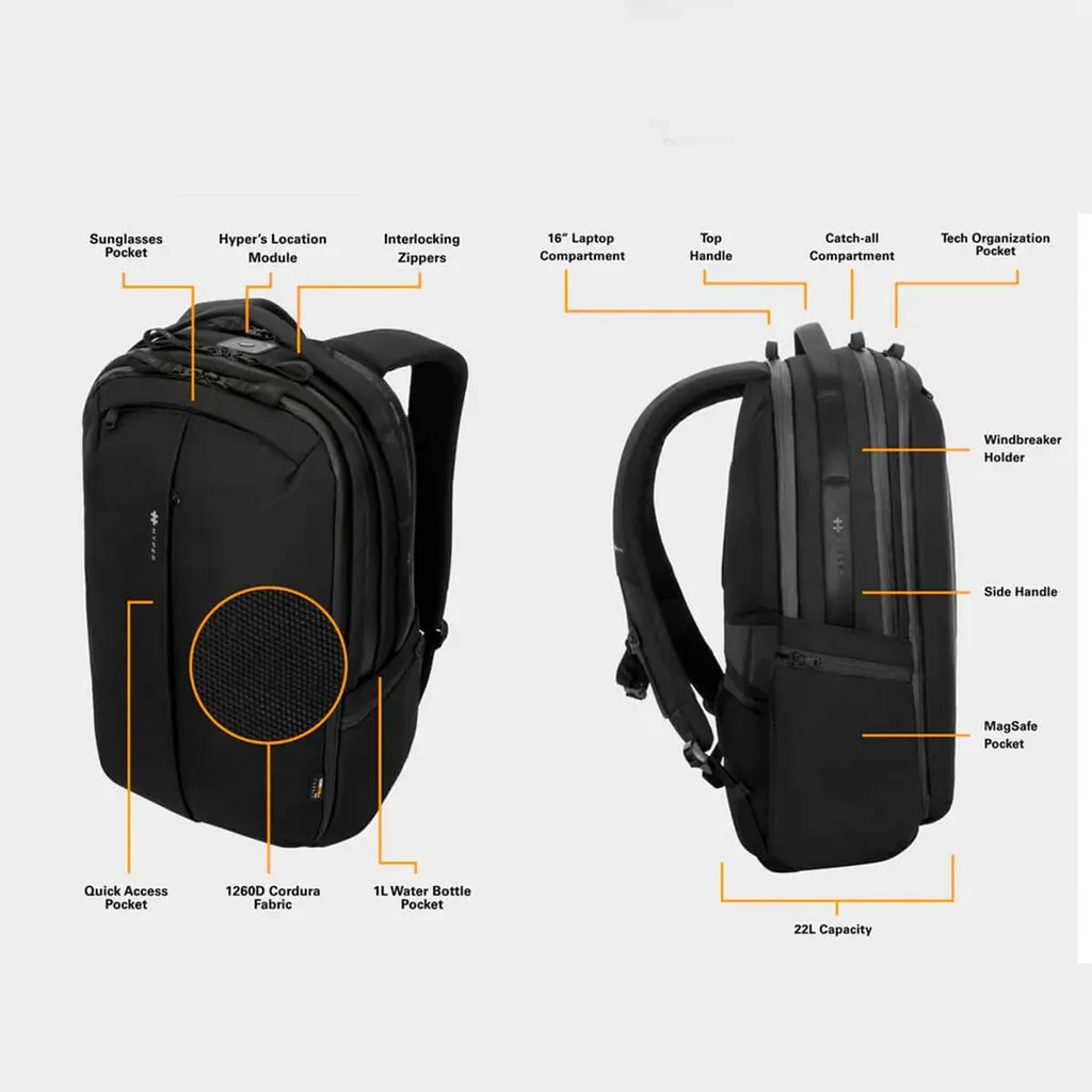HyperPack Pro Noir : Sac à dos avec Tracker Intégré et Protection RFID