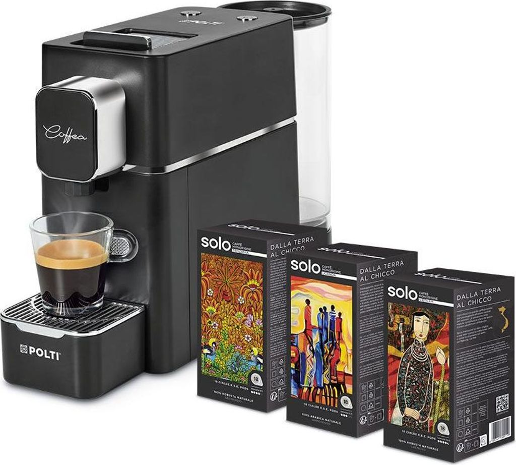 A coffee machine with a cup of coffee and three boxes of coffee capsules.
