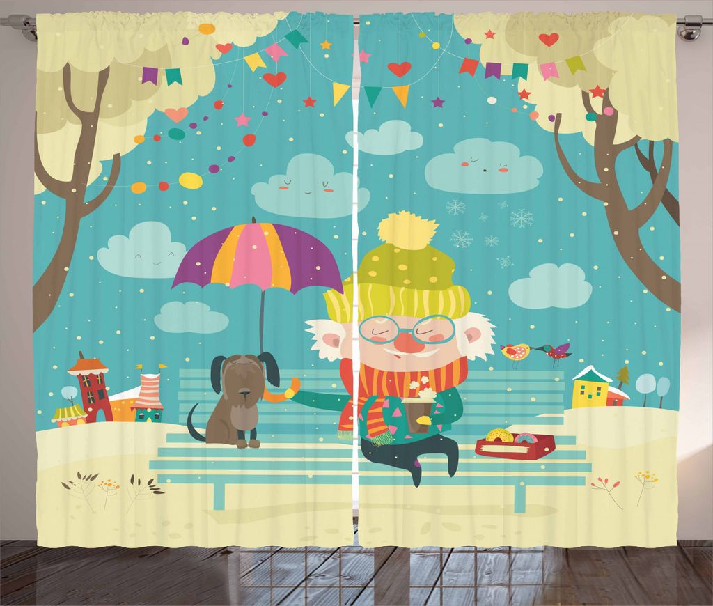 ABAKUHAUS Bunt Rustikaler Vorhang, Alter Mann und sein Hund, Wohnzimmer Universalband Gardinen mit Schlaufen und Haken, 280 x 245 cm, Mehrfarbig