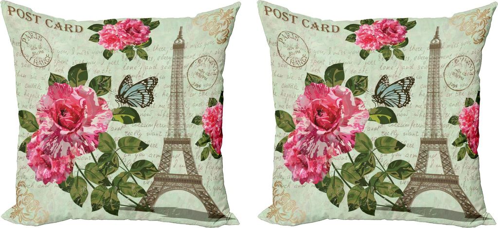 ABAKUHAUS Paris Kissenbezug Set (2Stück), Schäbige schicke romantische Rosen-Blumen-Blätter mit Eiffelturm und abstrakter Beschriftung, 60 x 60 ...