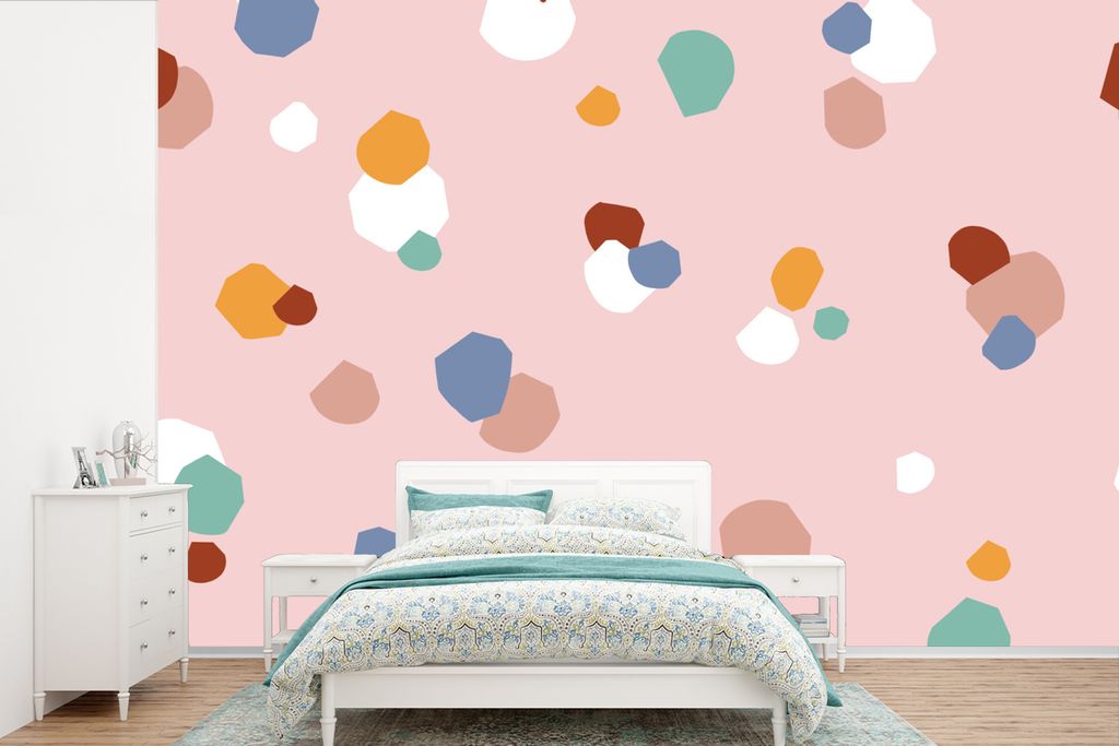 MuchoWow Fototapete für Wohnzimmer oder Schlafzimmer Wandtapete Vinyl Motivtapete Kinder - Pünktchen - Rosa - 600x400 cm - Vinyltapeten