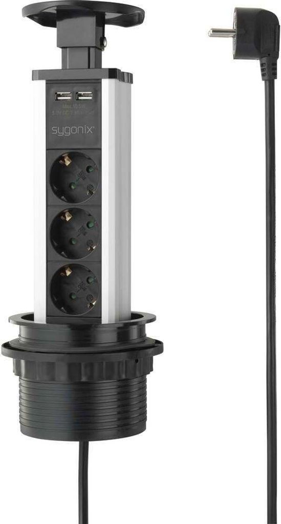 A pop-up power strip with multiple outlets and USB ports, shown with its power cord and plug.