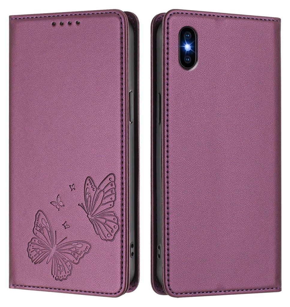 Lederhülle für iPhone Xs Max, Schmetterling Prägung Leder Brieftasche Schutzhülle mit Ständer Lila