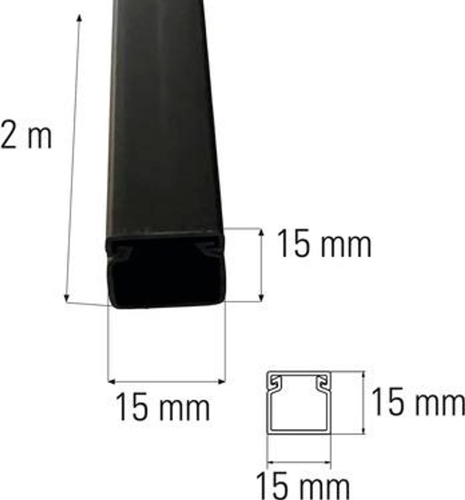 A diagram showing the dimensions of a black cable channel.