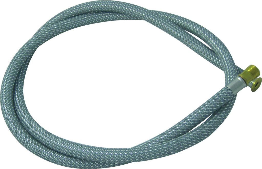 A flexible hose with a metal connector on one end, isolated on a white background.