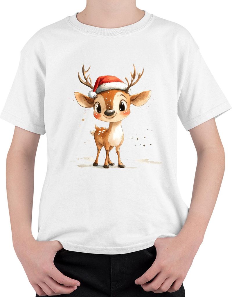 Weihnachtsrentier Aquarell Süß Santa Hut Geschenk Kinder Niedlich Uni Kinder T-Shirt, Weiß, 152