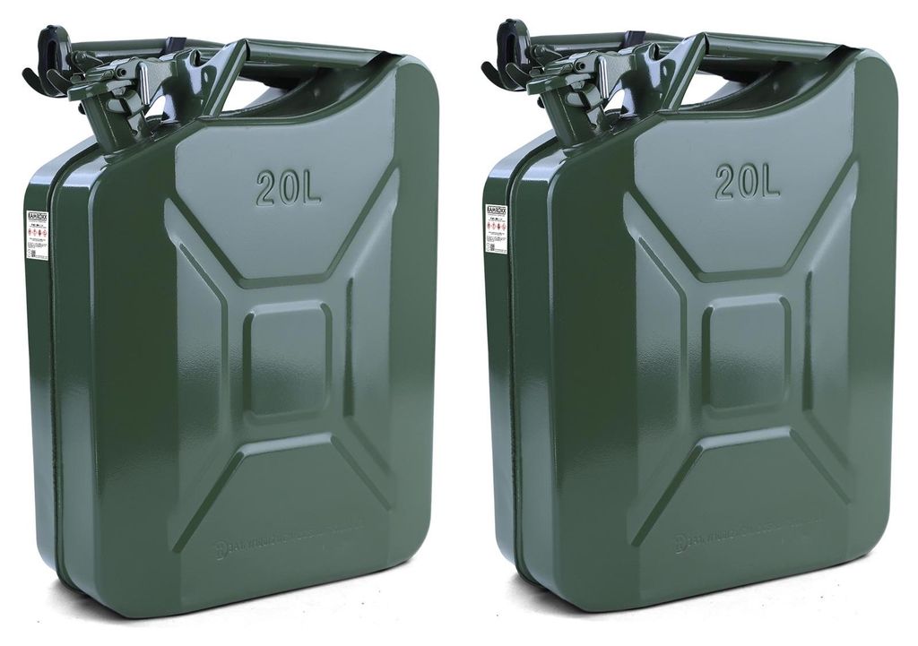 2x 20L Reserve Metall Kanister Kraftstoff Benzin Diesel mit Einfüllstutzen Grün – Produktansicht