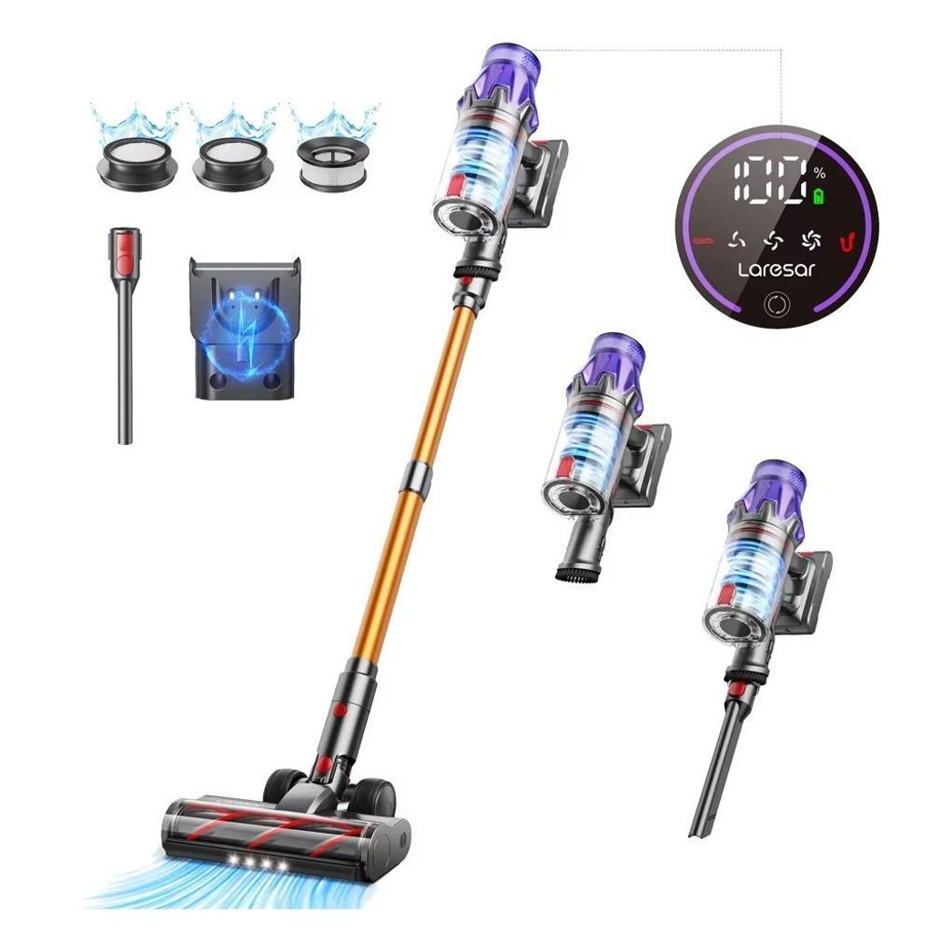 Laresar V7 Akku Staubsauger 500W 50kPa kabellos beutellos 60 Min Laufzeit Handstaubsauger mit LED Display & Wandhalterung
