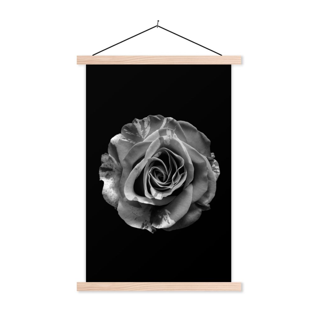 MuchoWow Textilposter Blumen - Rose - Schwarz - Weiß - Botanisch 60x90 cm mit holzfarbenen Rahmen - Textil