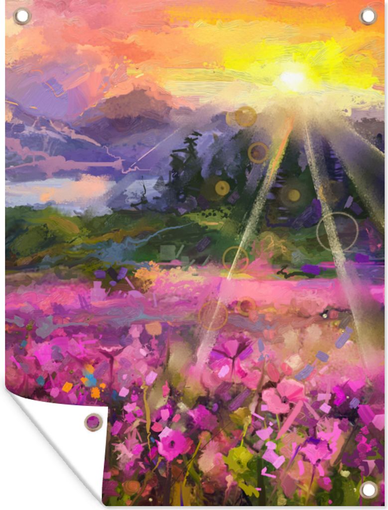 MuchoWow 60x80 cm Outdoor-Poster Gartendeko Sichtschutz Garten Poster für den Garten Gemälde - Ölfarbe - Blumen - Natur - Sonne
