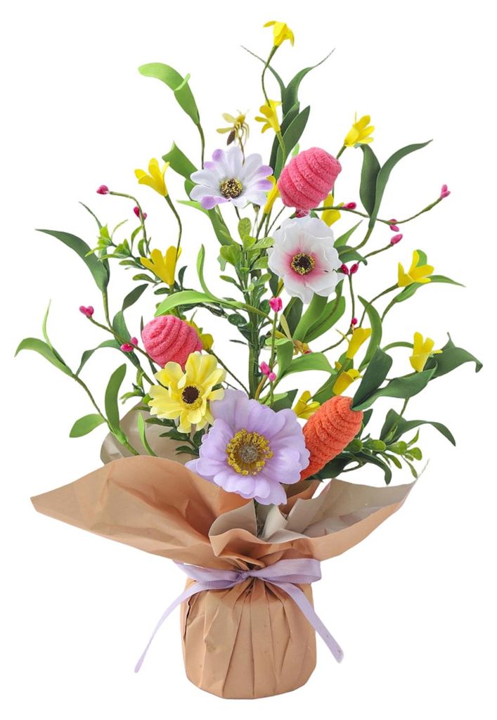 Künstliche Osterpflanzen im Topf, 42 cm, Osterbaum-Tischdekoration mit Pfeifenreiniger-Karotten und künstlichen Blumen für Kaminsims und Kamin, ...