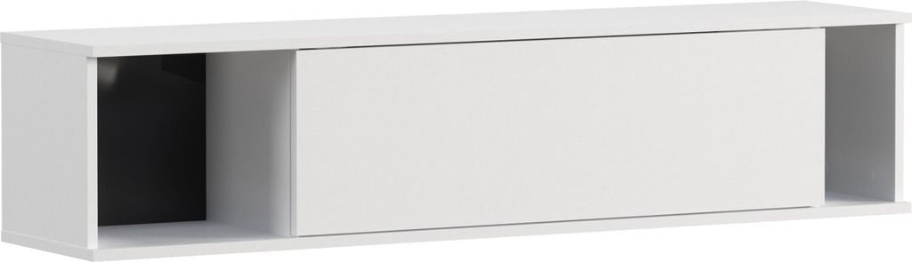 A white wall-mounted cabinet with a black interior compartment.