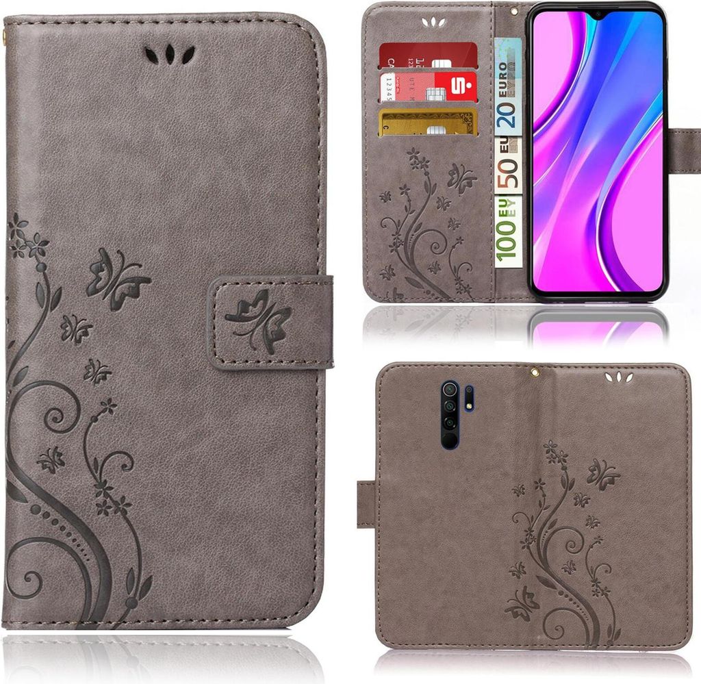 Handy Tasche für Xiaomi Redmi 9 / Redmi 9 Prime Schutz Hülle Handyhülle mit Blumenmuster Klapp Hülle mit Standfunktion und Kartenfächer Grau