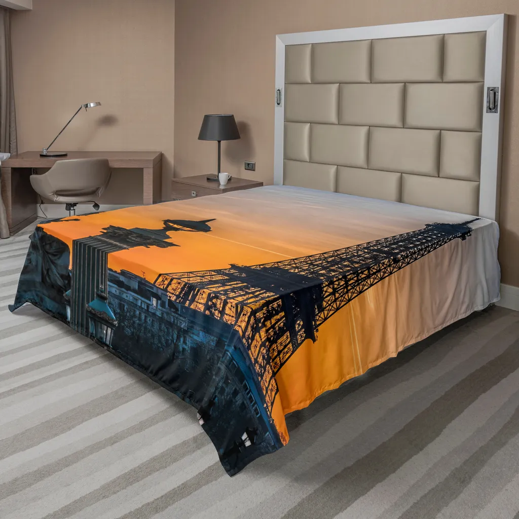 ABAKUHAUS Paris Lenzuolo, Francia storica Foto europea su Ombre Sunset Sky Scultura e Torre Eiffel, lenzuolo morbido e confortevole per un letto decorativo 1 pezzo 266 cm x 260 cm, arancione e blu - 1
