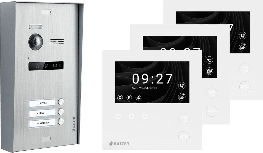 BALTER EVO HD MINI Aufputz Video Türsprechanlage Silber Set 3 Teilnehmer 3x 4,3" Monitor