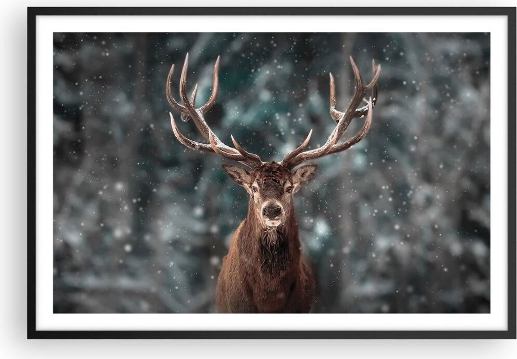 Gerahmtes Poster - Schwarzer Rahmen - Hirsch Hirsch Winter - 91,5x61 cm - Wand Bild - Wanddeko - Wandbilder - Kunstposter - Wandposter - Bilderrahm...