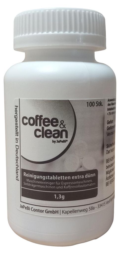 A white bottle of coffee cleaning tablets.