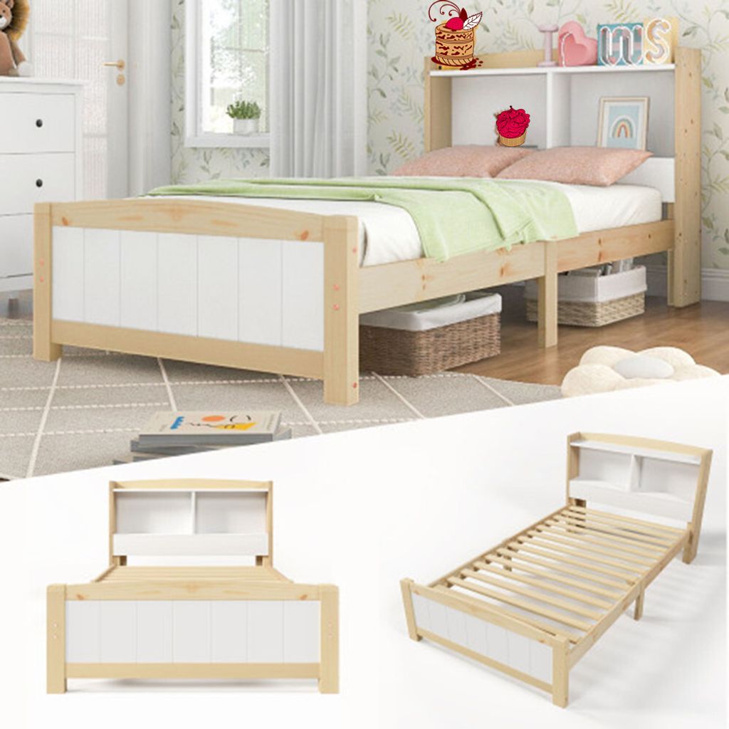 Doppelbett,Massivholz Einzelbett Stauraum-Kopfteil Bett,90 x 200 cm Bettgestell mit Lattenrost Holzbett mit Kopfteil,Kinderbett Jugendbett