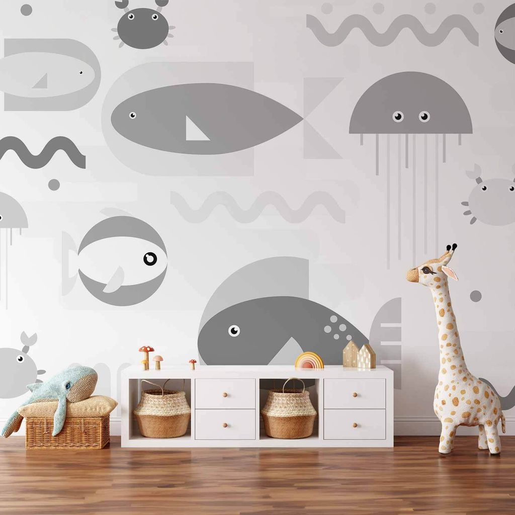 Vlies Fototapete - Minimalist grey ocean - geometric fish in water for children 450x315 cm Für Kinder e-A-10019-a-c