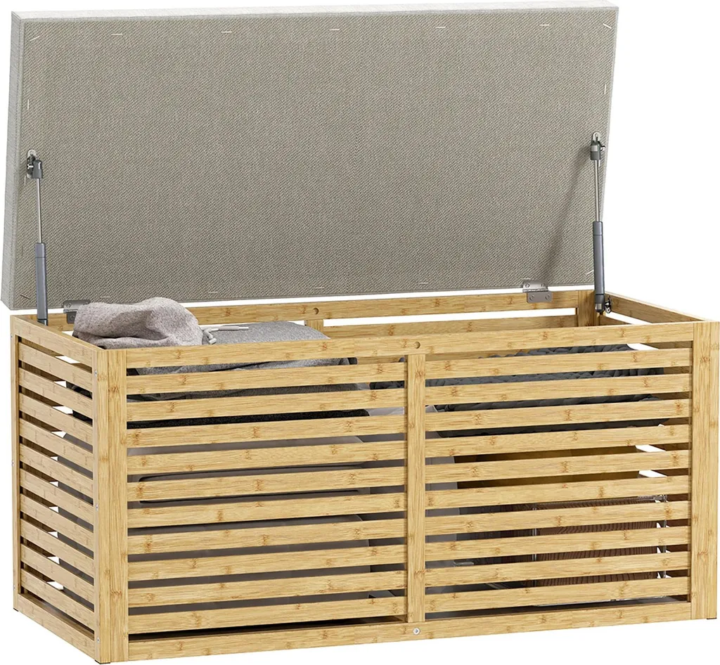 Ottomane coffre de rangement 122L en tissu lin et bois de bambou chic